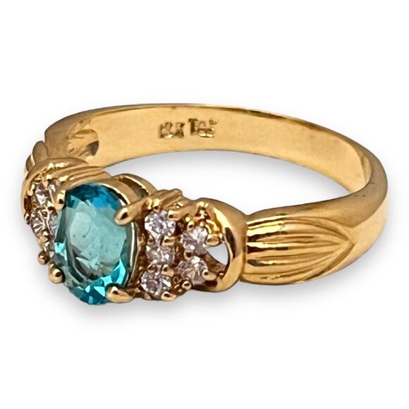 Vintage Ring Size 9 Blue Cubic Zirconia Crystal 18K Gold Plate Mid-Century 14E - Picture 2 of 15